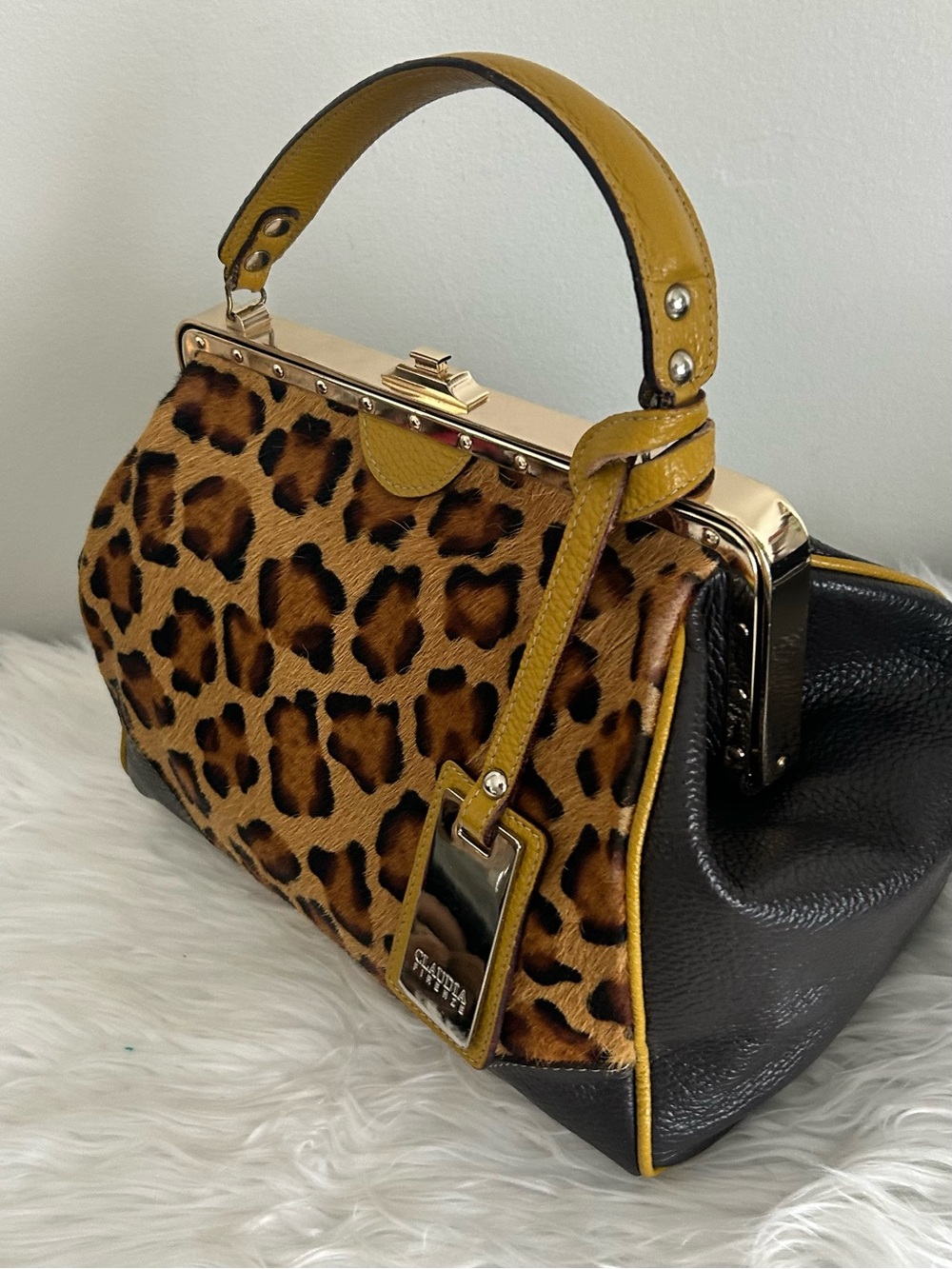 Claudia Firenze Leopard Calf Hair Leather Frame Satchel Made in Italy - Picture 6 of 15